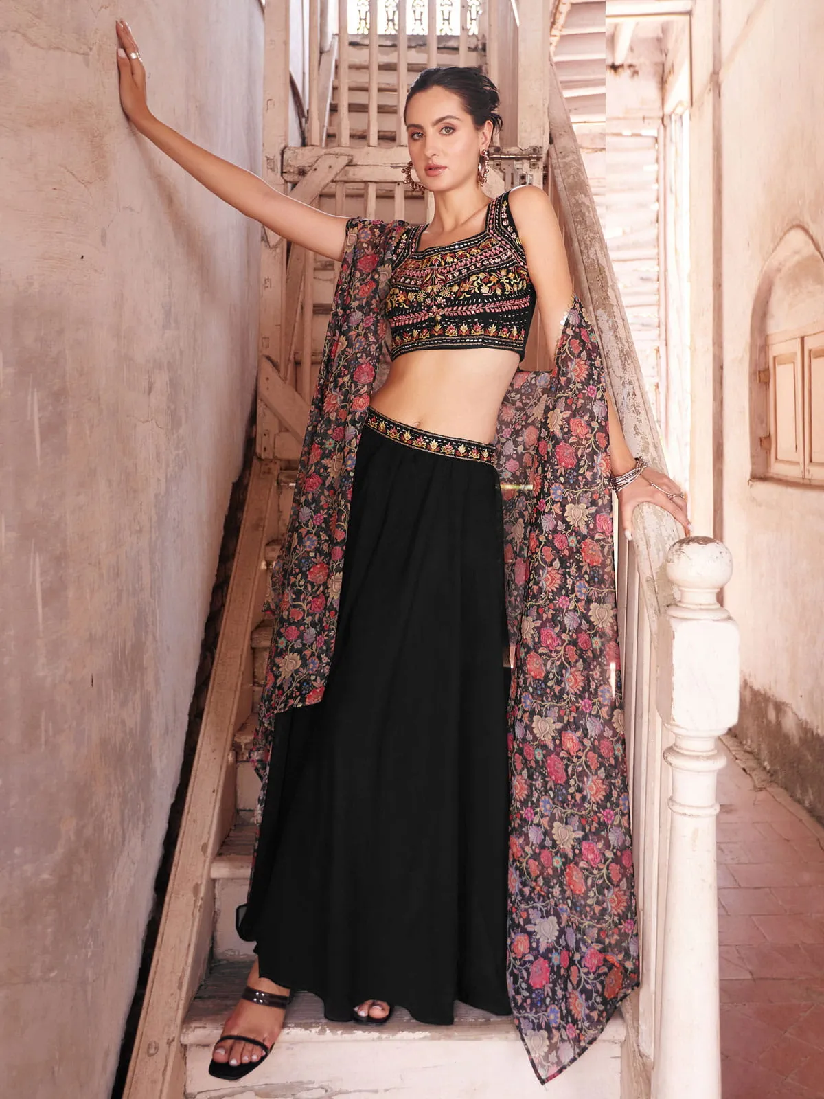 Black Designer Crop Top Style Sharara Suit