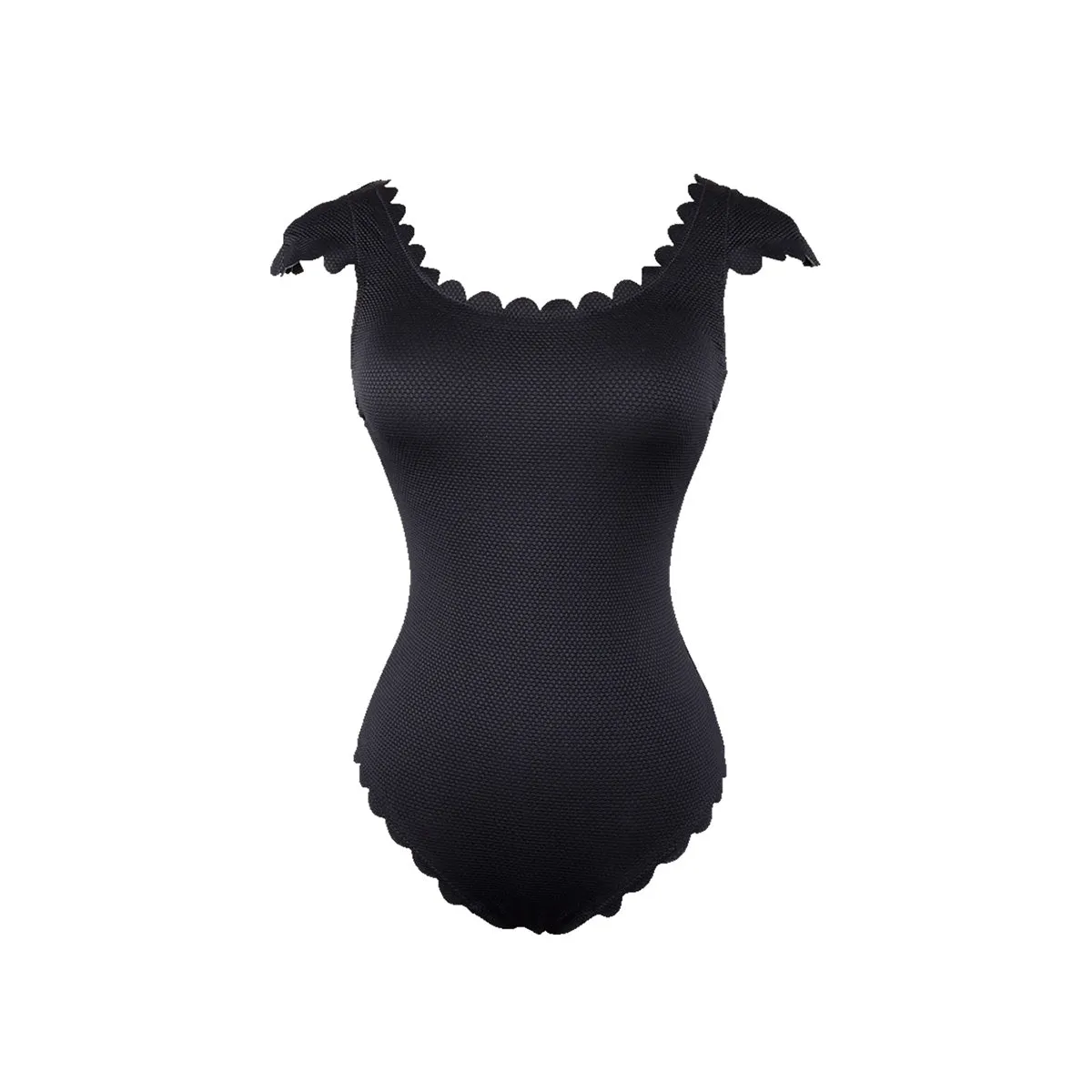 Black One Piece Scallop Trimmed Slimming Swimsuit