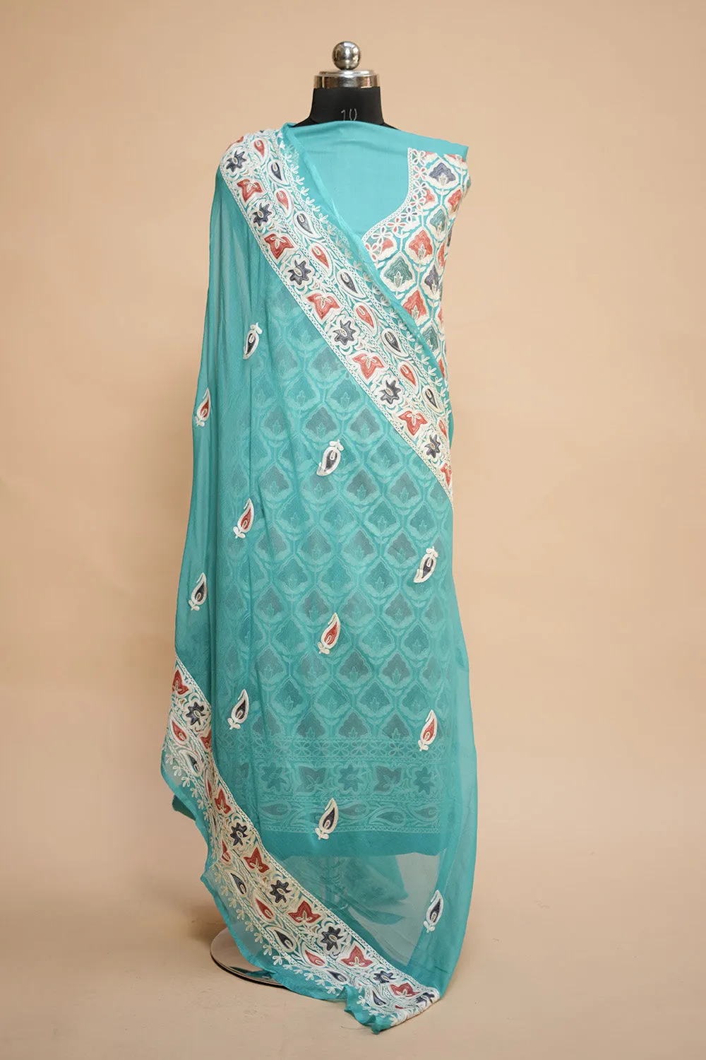 Blue  Colour Designer Aari Work Salwar Kameez With Running Tulip Jaal  Pattern