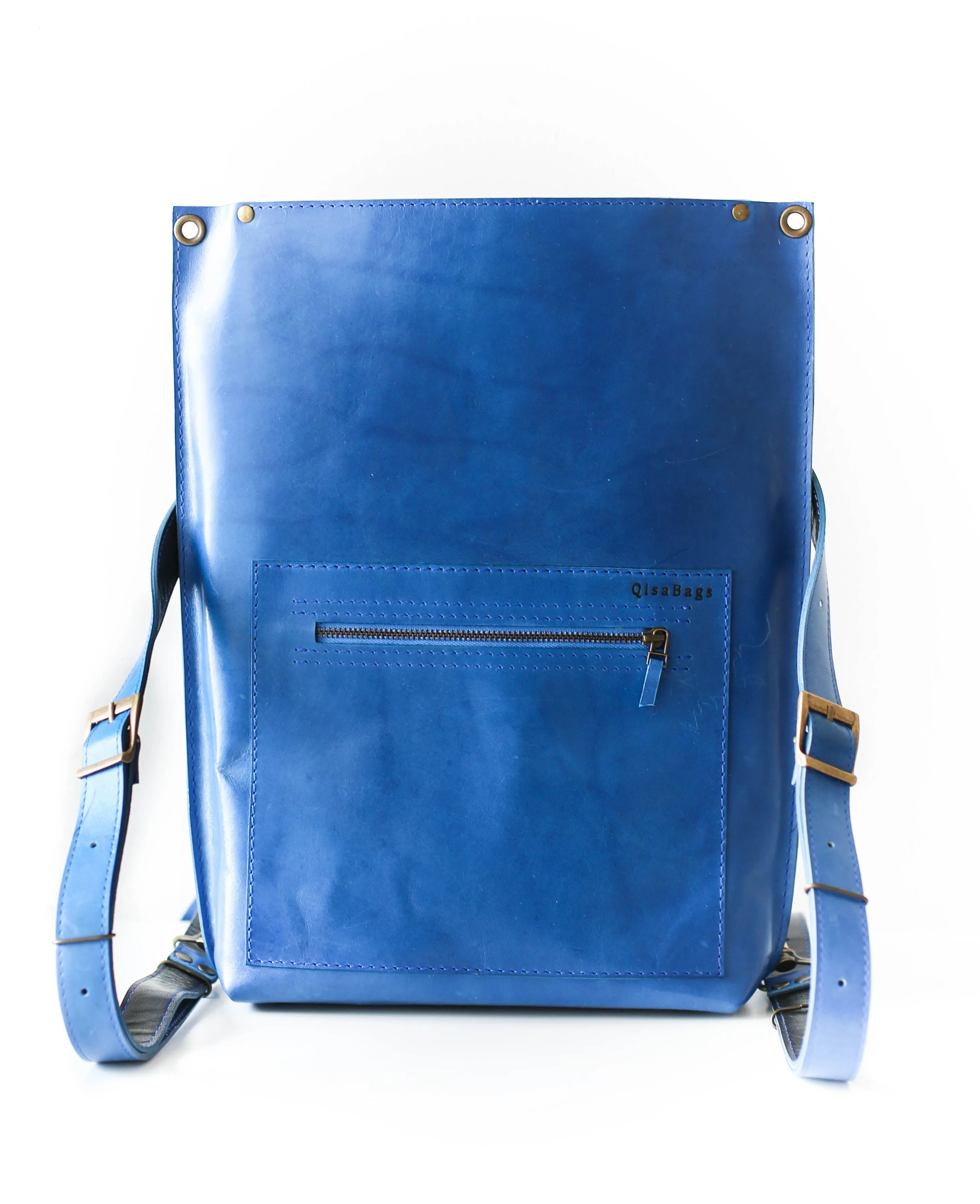 Blue Leather Zipper Backpack