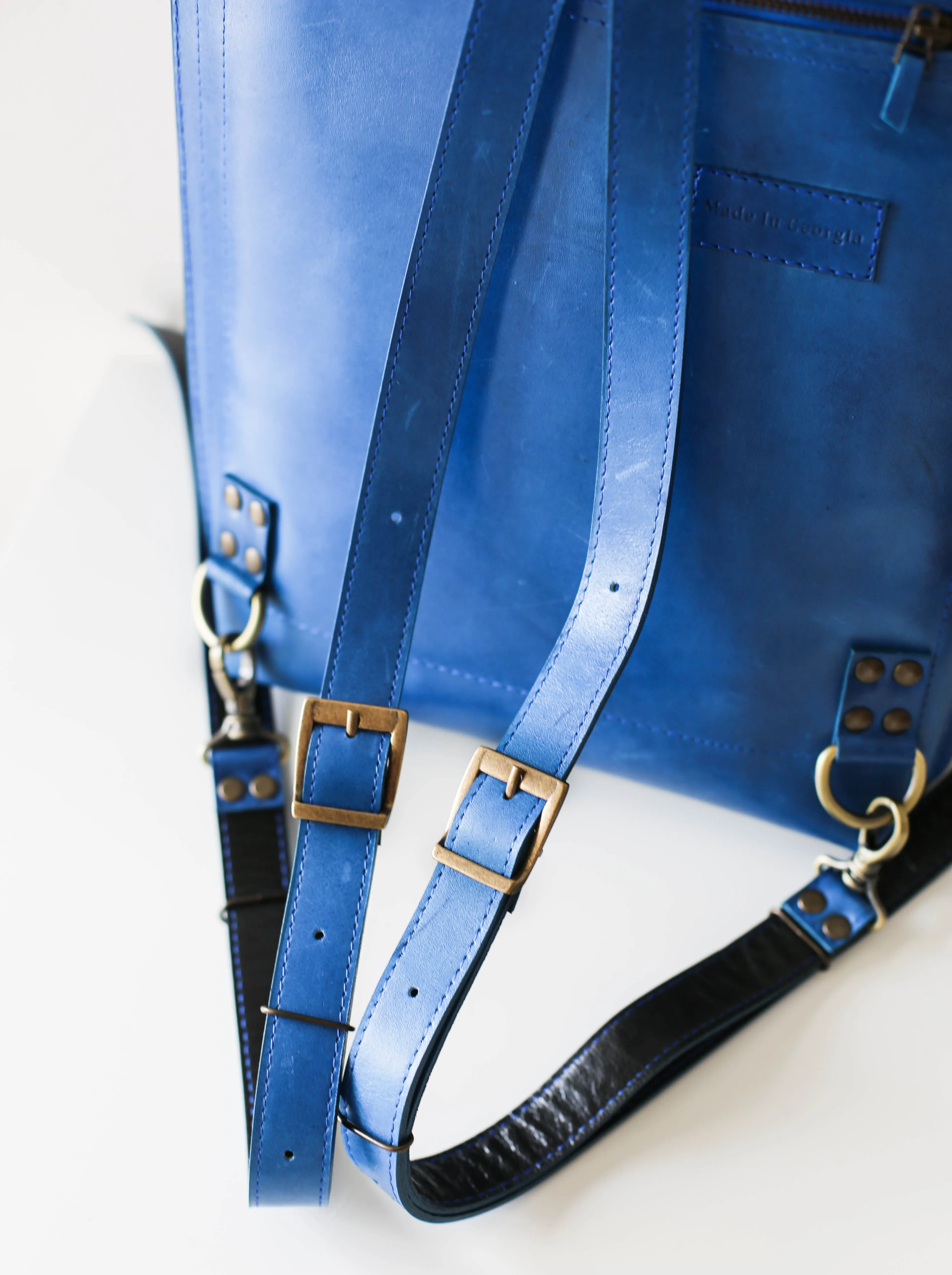 Blue Leather Zipper Backpack