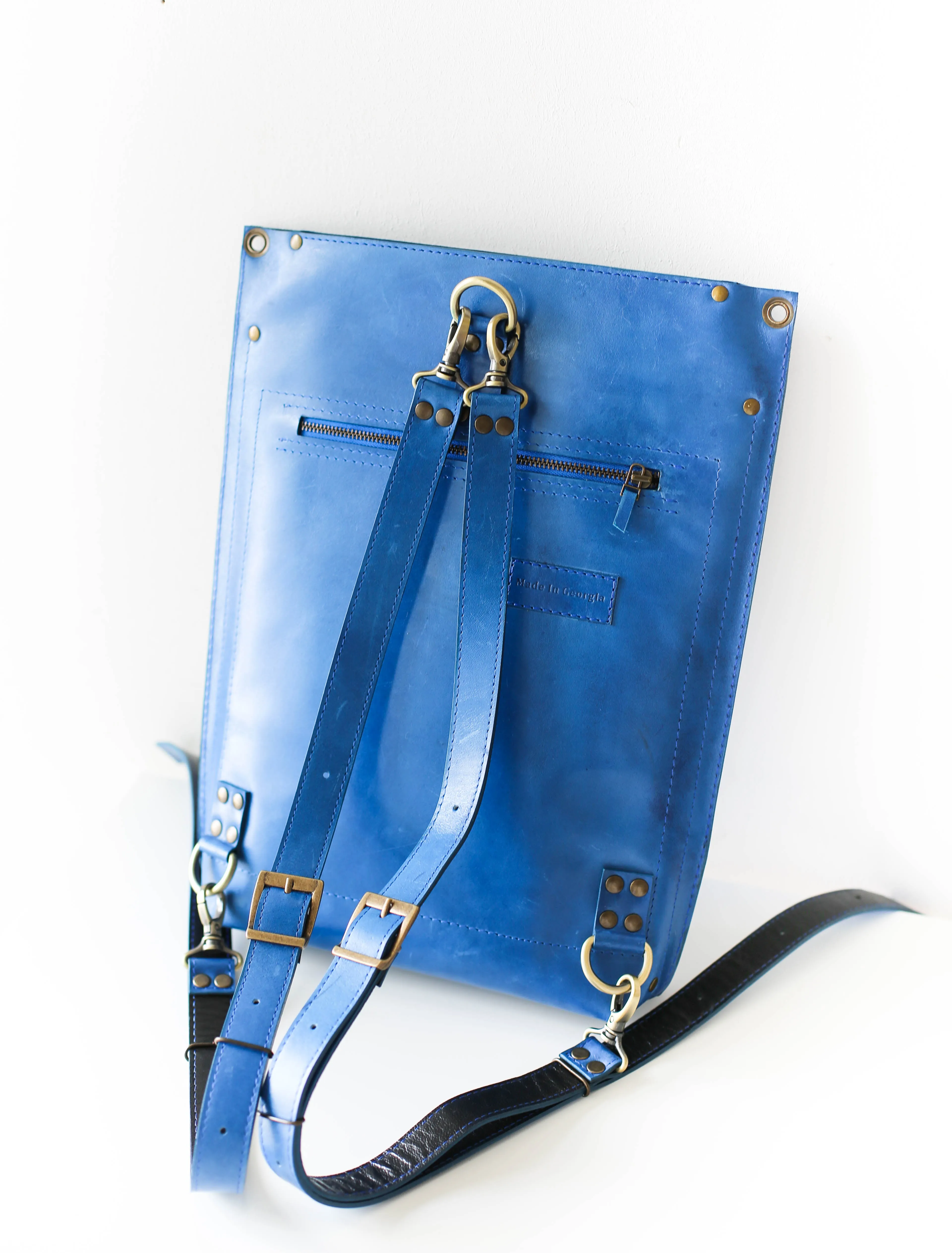 Blue Leather Zipper Backpack