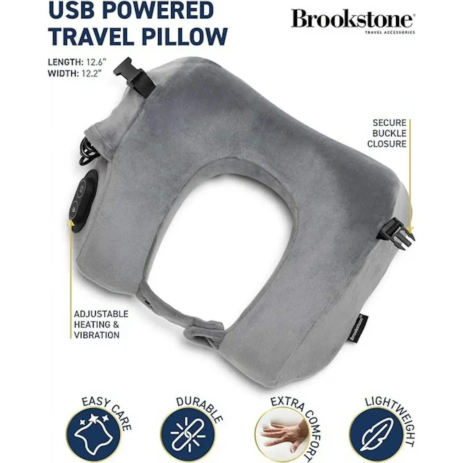 Brookstone USB Powered Vibration   Heating Travel Ergonomic Memory Foam Neck Pillow