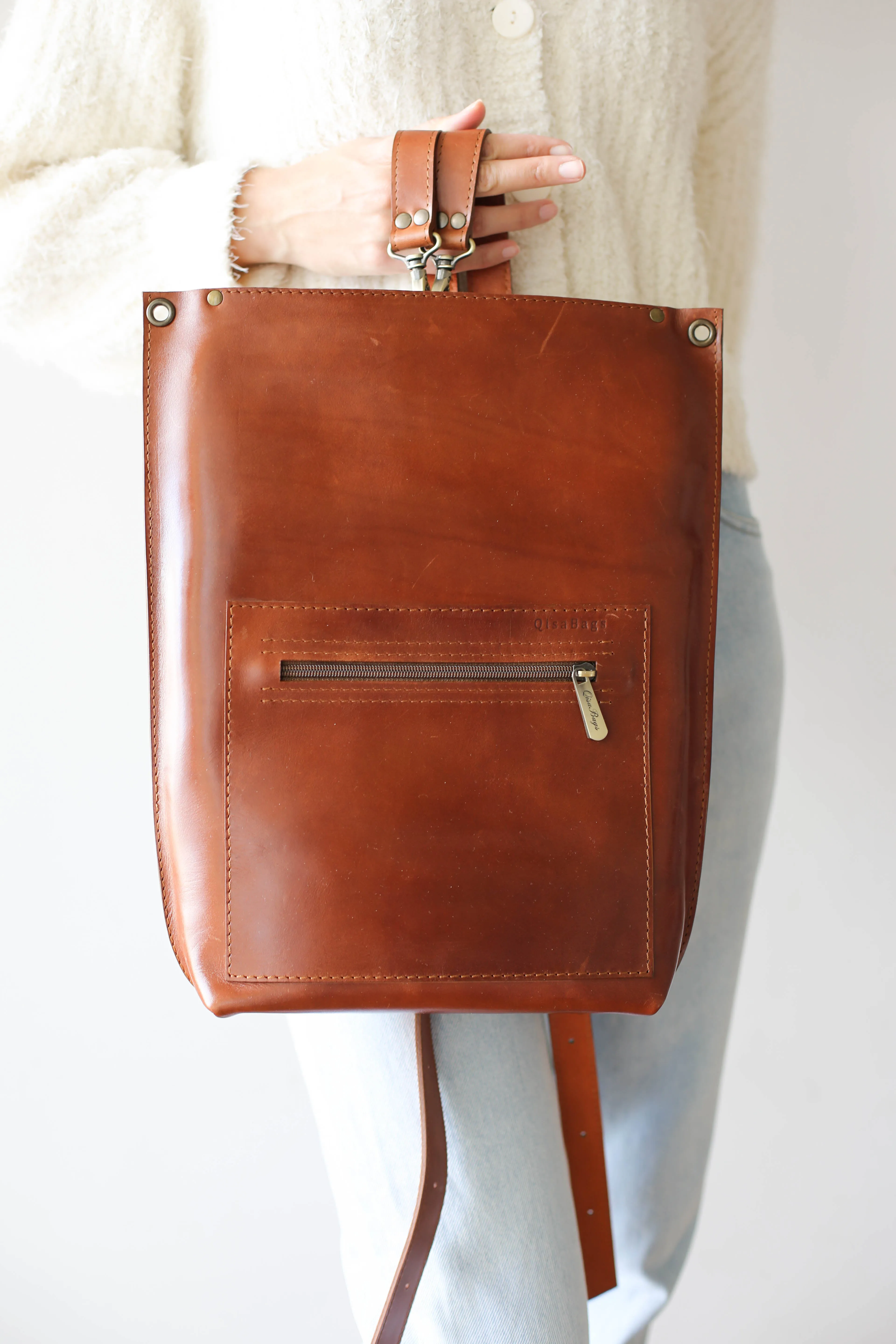 Brown Leather Zipper Backpack