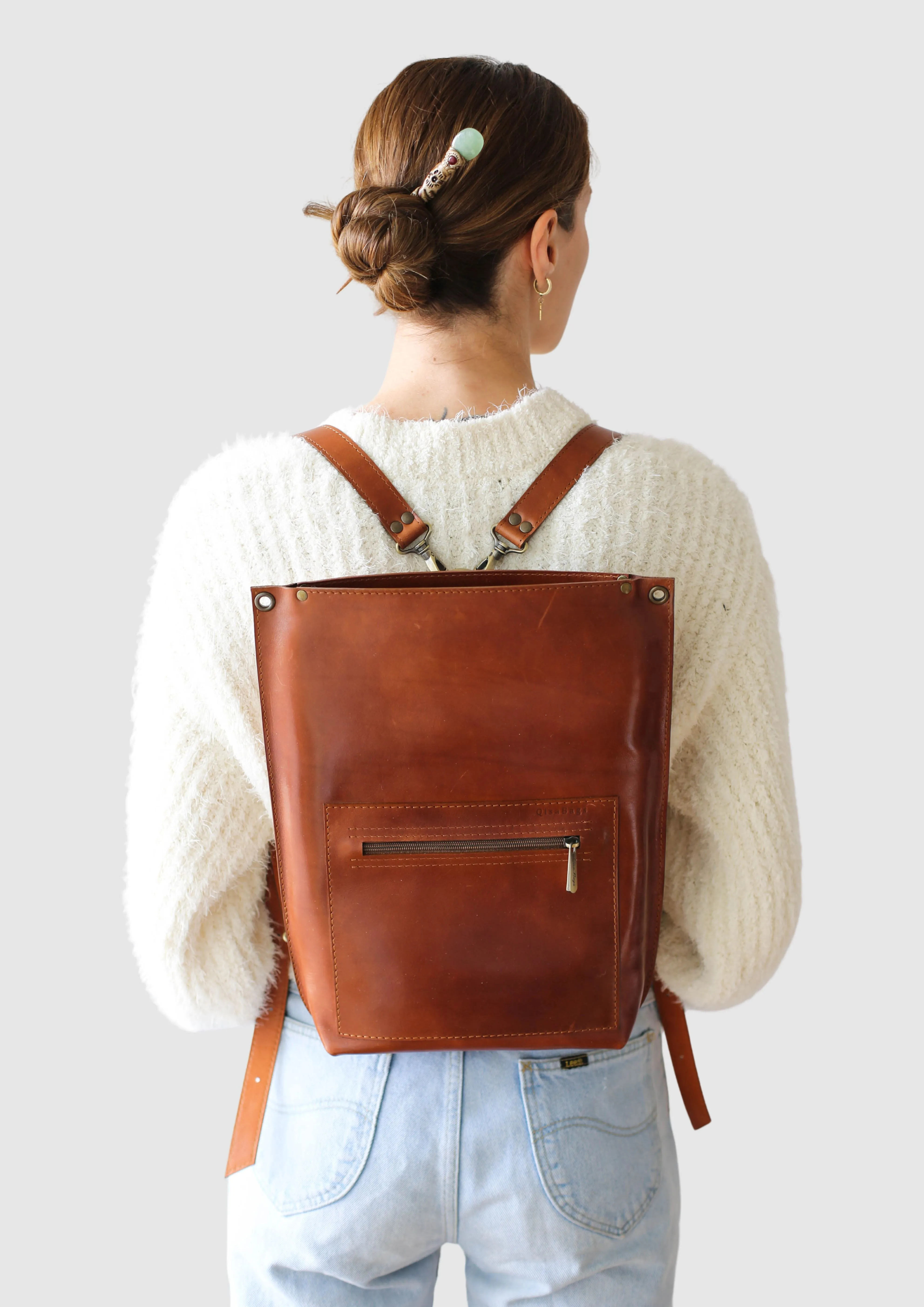 Brown Leather Zipper Backpack