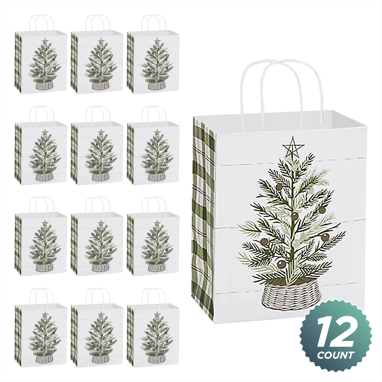 Christmas & Winter Farmhouse Plaid & Pine Paper Gift Bags and Party Favor Bags, Medium Size - 8 Inches x 4.75 Inches x 10.25 Inches (12 Pack)