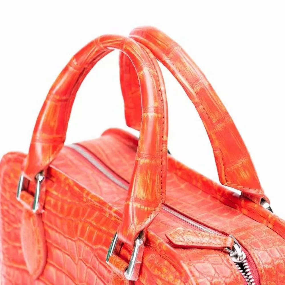 Crocodile Leather  Small Top Handle  Tote Bag Orange