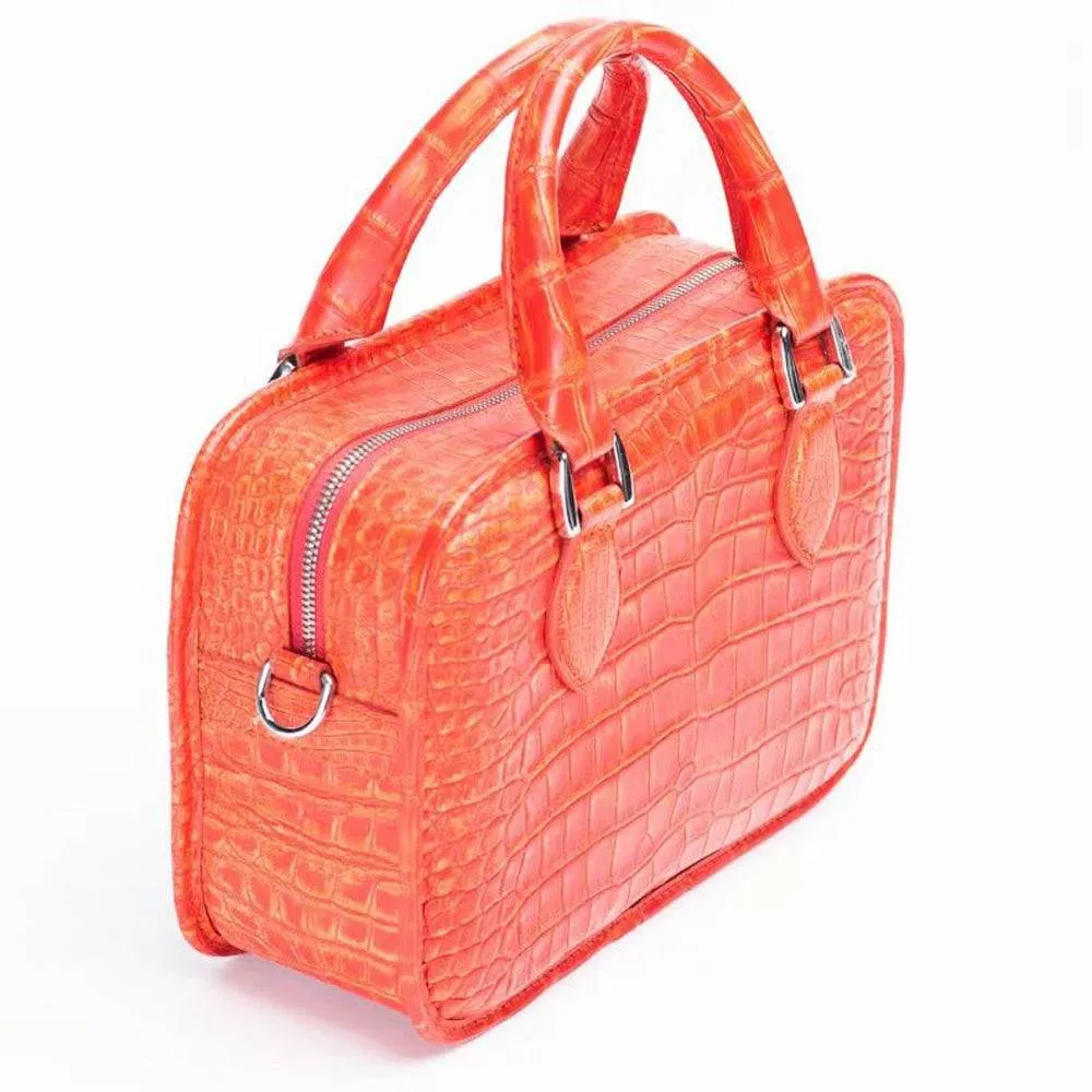 Crocodile Leather  Small Top Handle  Tote Bag Orange