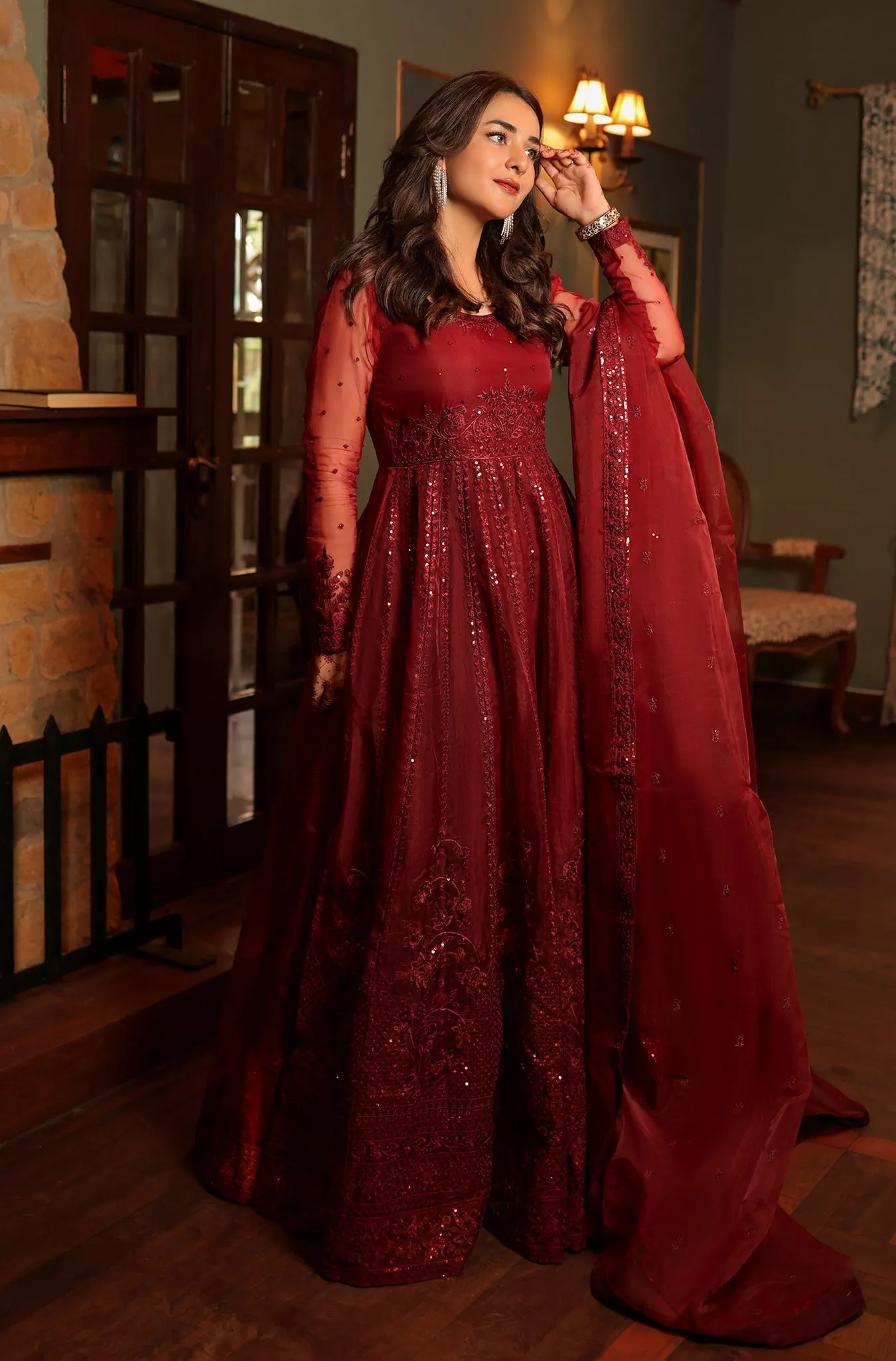 Deep Maroon Embroidered Organza Frock (Jennifer)