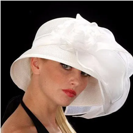 Designer ladies church hat in white with organza leaves (AVAILABLE IN BLACK)