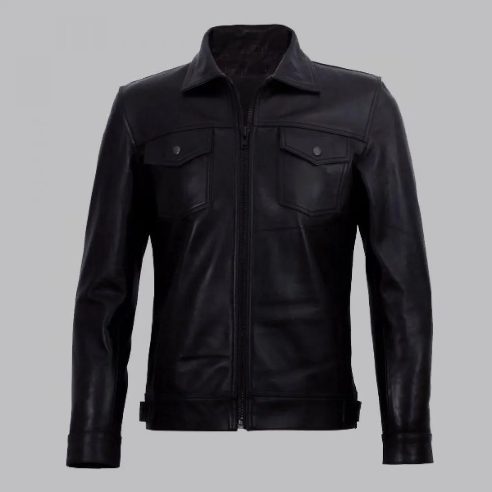 Diran Men's Black Classic Leather Jacket with Elegant Shirt Collar