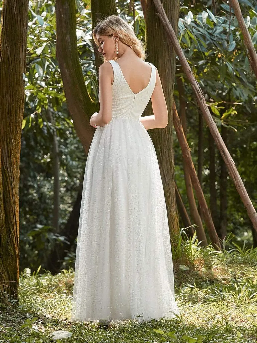 Elegant Deep Double V Neck Tulle Evening Dress with Appliques