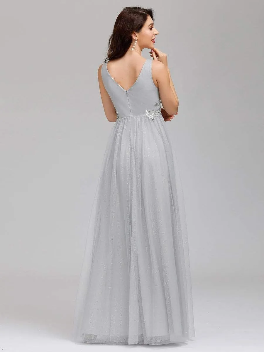 Elegant Deep Double V Neck Tulle Evening Dress with Appliques