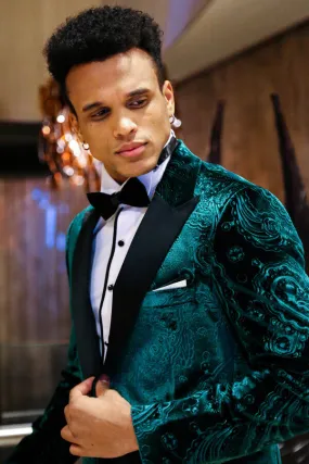 Floral Patterned Velvet Green Men Evening Jacket - Wessi