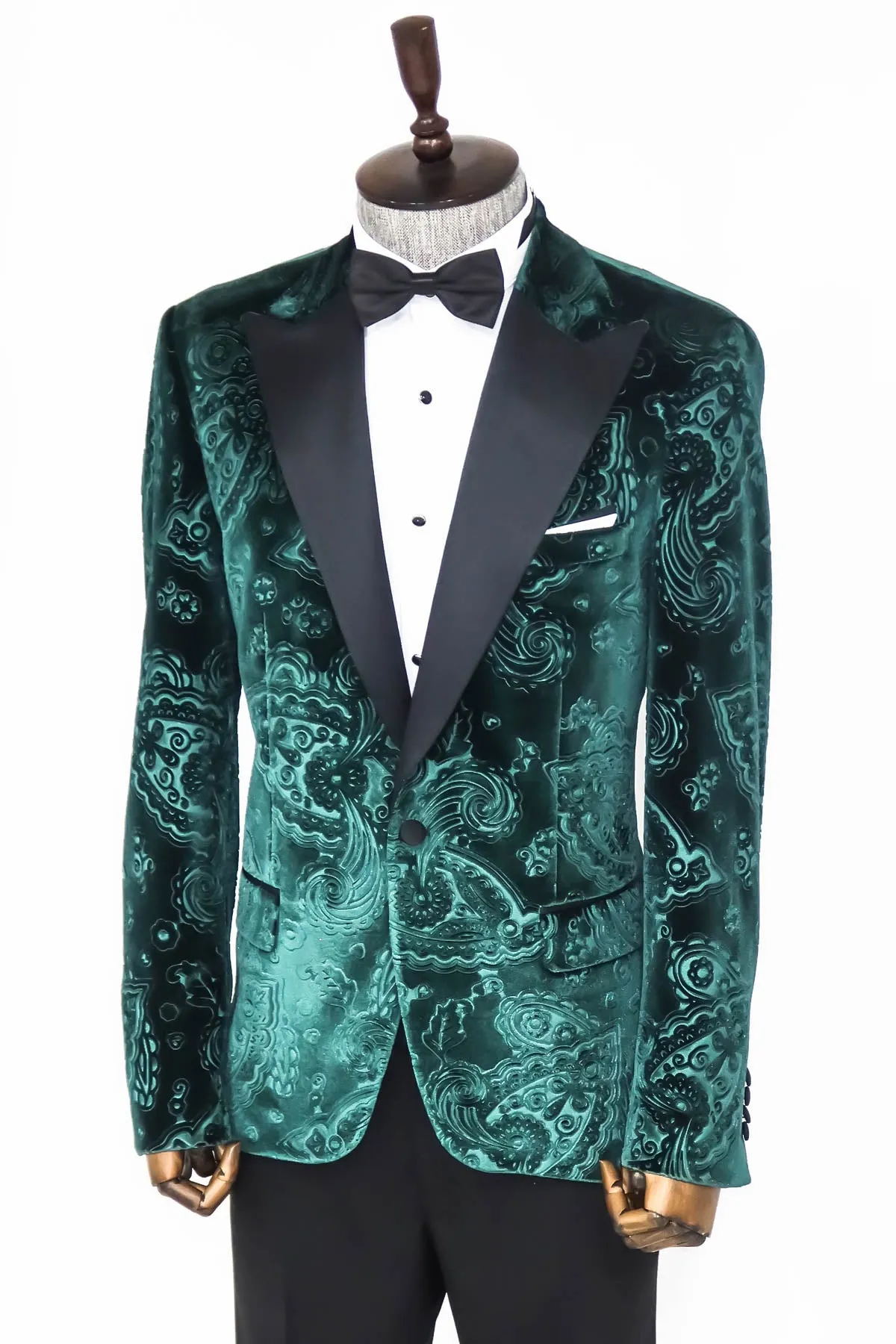 Floral Patterned Velvet Green Men Evening Jacket - Wessi