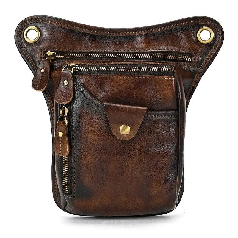 Full Grain Leather Leg Bag Foraging Pouch Leather Motorcycle Waist Bag, Male Knight Bull Head Bag, Crazy Horse Leather Bag for Men Women