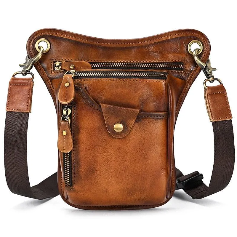 Full Grain Leather Leg Bag Foraging Pouch Leather Motorcycle Waist Bag, Male Knight Bull Head Bag, Crazy Horse Leather Bag for Men Women