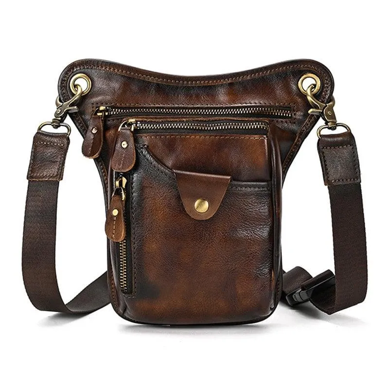 Full Grain Leather Leg Bag Foraging Pouch Leather Motorcycle Waist Bag, Male Knight Bull Head Bag, Crazy Horse Leather Bag for Men Women