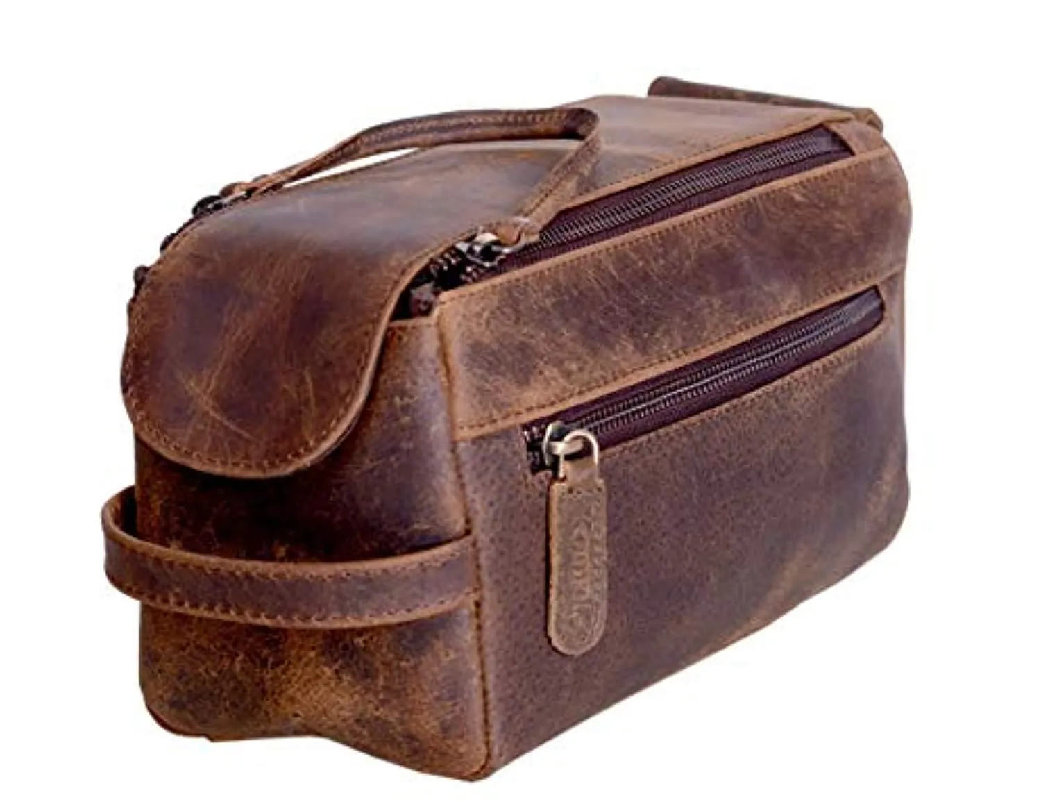 Genuine Buffalo Leather Unisex Toiletry Bag Travel Dopp Kit (Distressed Tan)