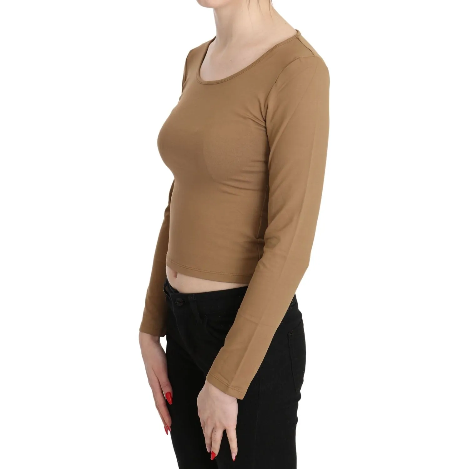 GF Ferre Elegant Brown Long Sleeve Cropped Top