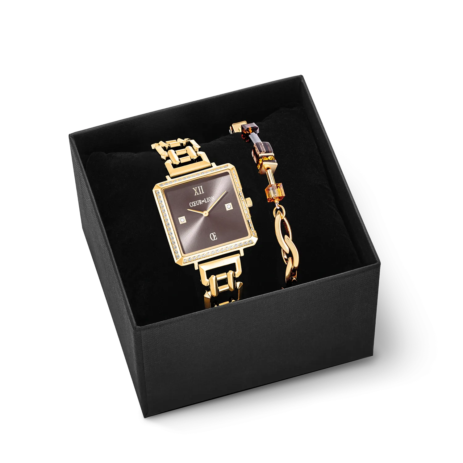 Gift Set Watch Iconic Cube Sparkling Mystic Mocca Statement gold & GeoCUBE® Chunky Chain bracelet gold-brown