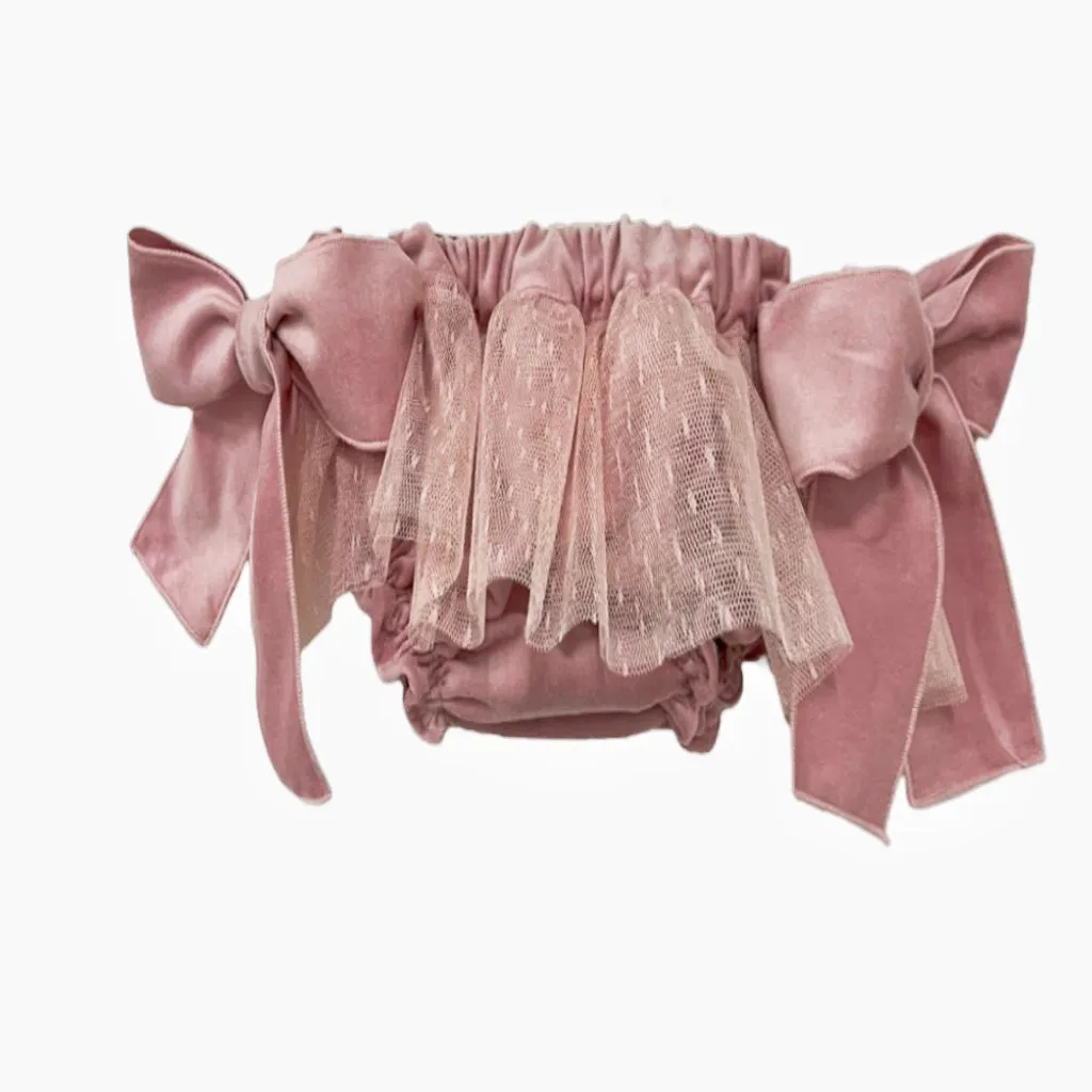 Girls' Velvet Bow-Tie Bloomers with Tulle Overlay