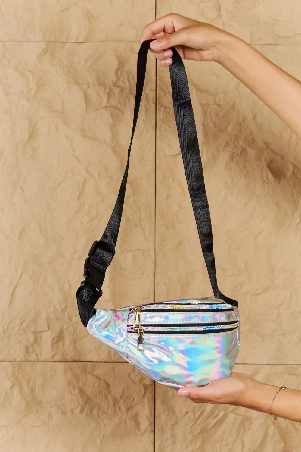 Holographic Double Zipper Fanny Pack in Silver