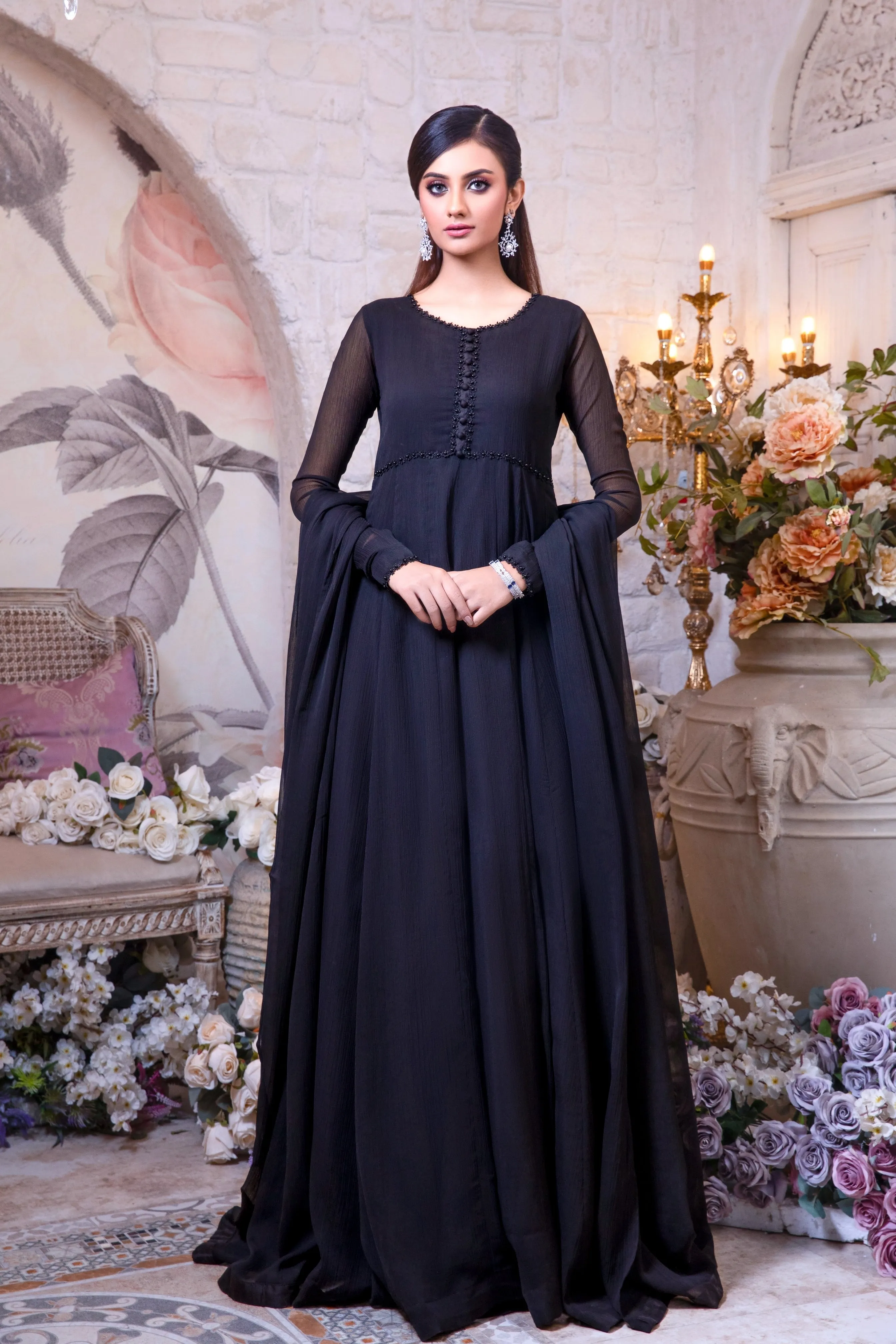 Jet Black Minimalist Chiffon Anarkali Frock (Shama)