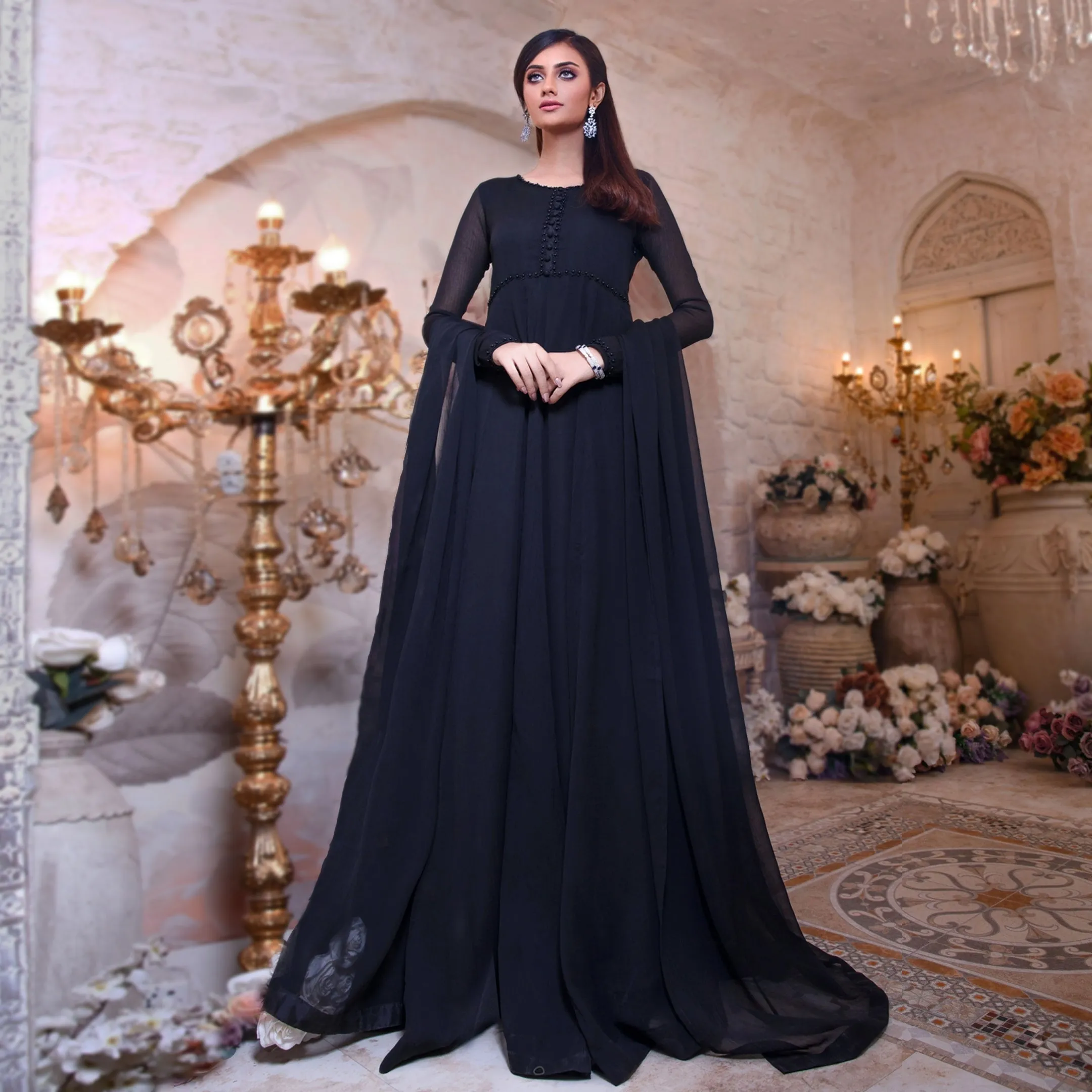 Jet Black Minimalist Chiffon Anarkali Frock (Shama)