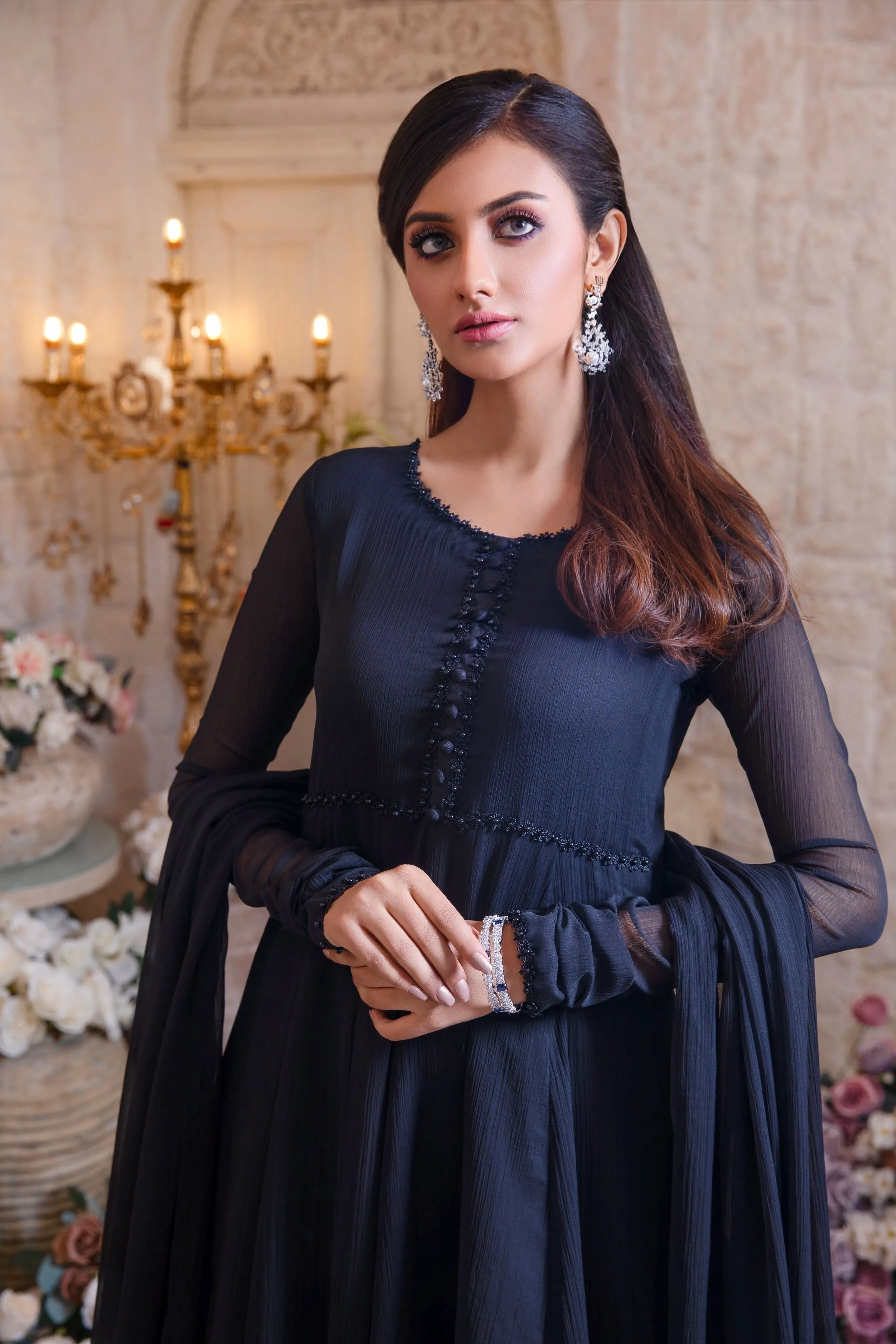 Jet Black Minimalist Chiffon Anarkali Frock (Shama)