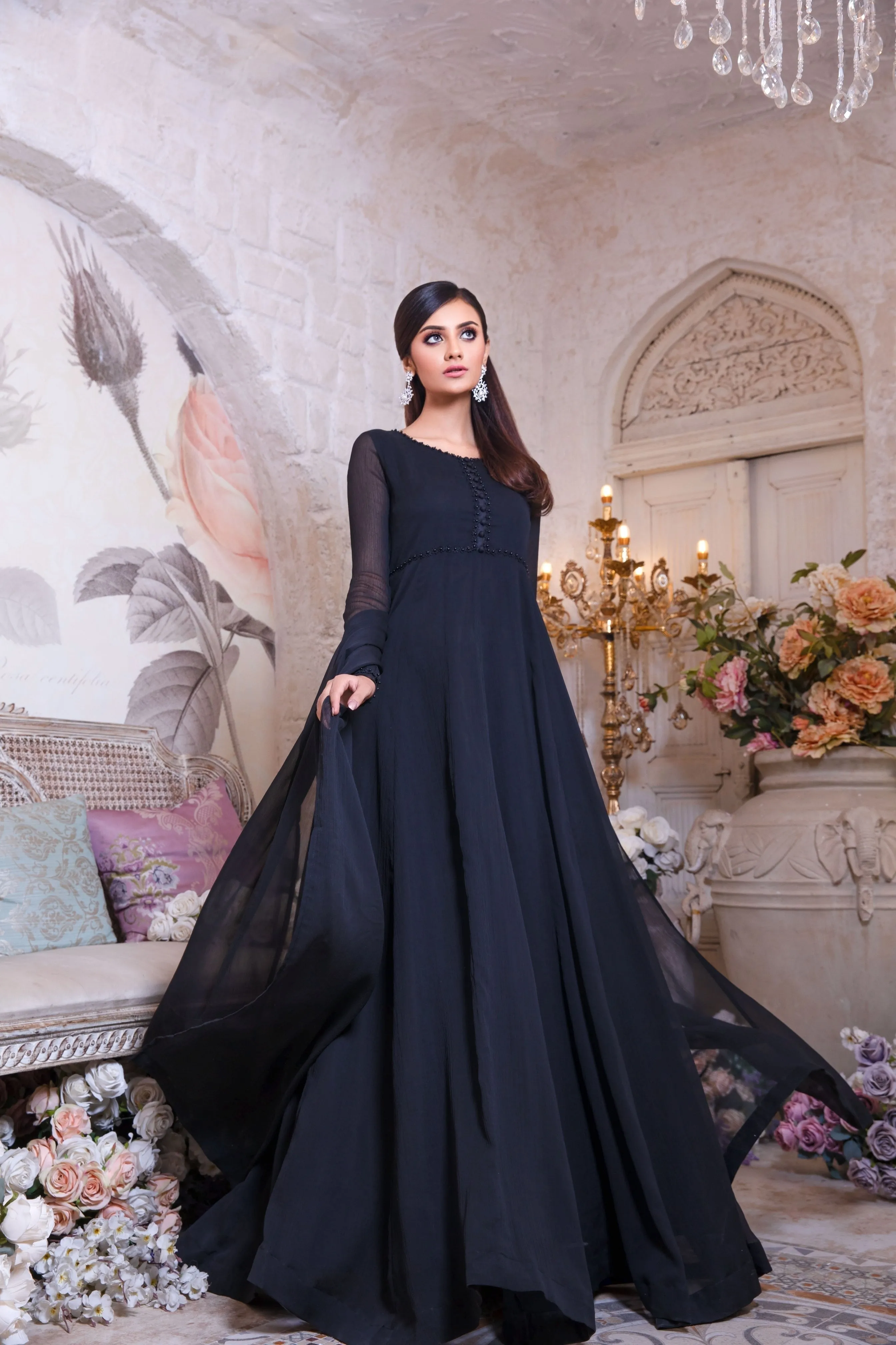 Jet Black Minimalist Chiffon Anarkali Frock (Shama)