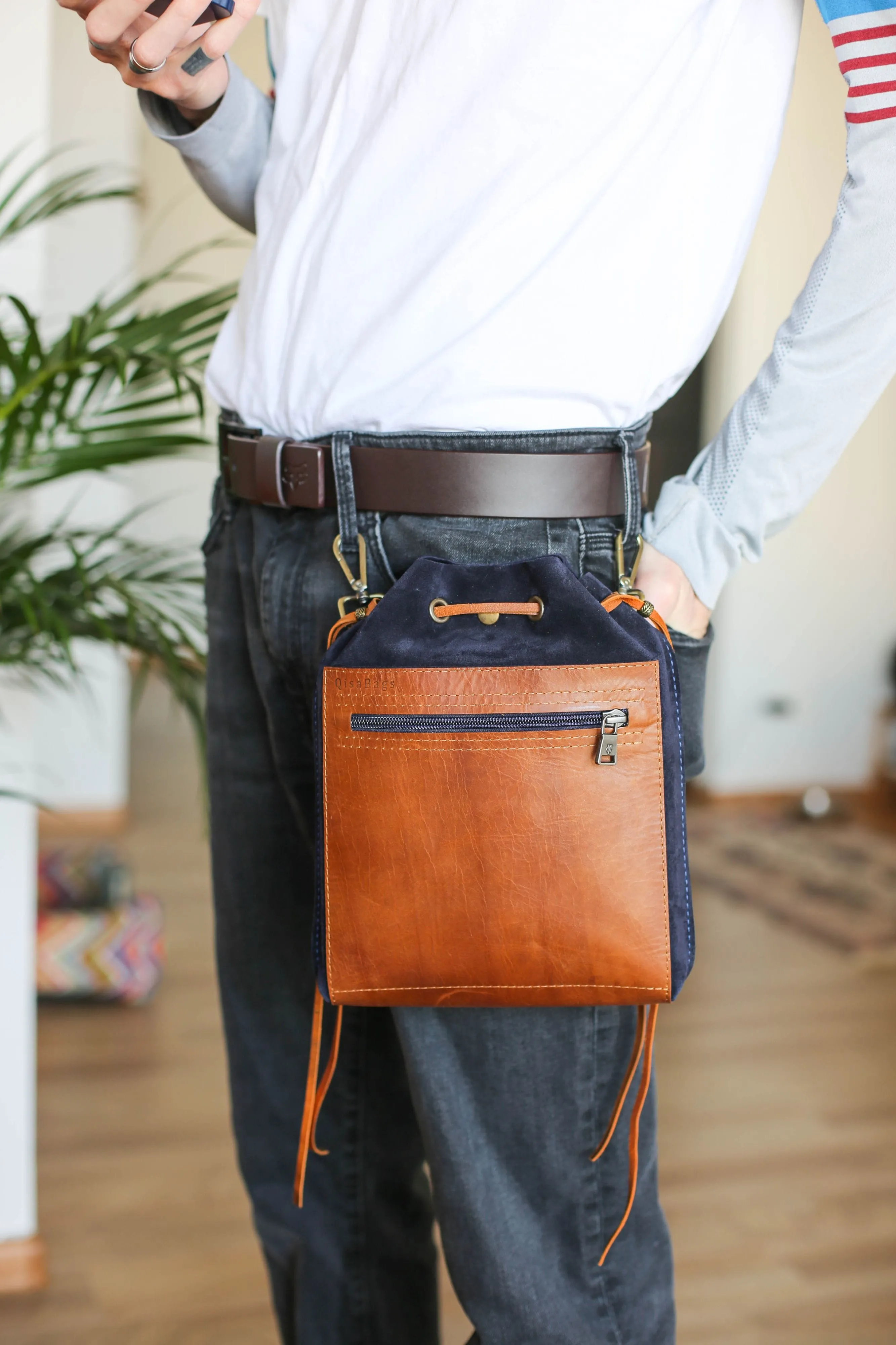 Men's Leather Bag - Men's Belt Bag- Dual Blue