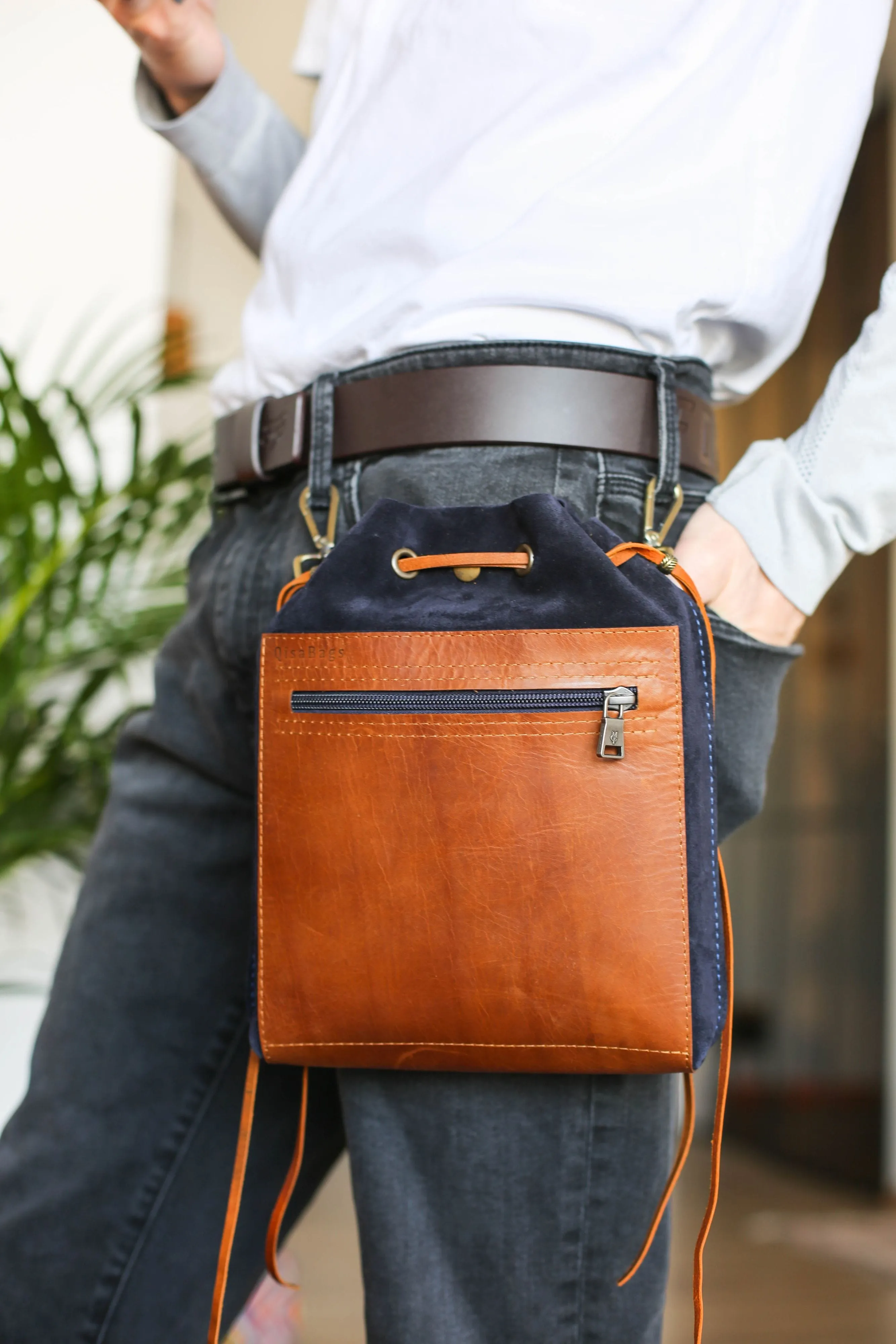 Men's Leather Bag - Men's Belt Bag- Dual Blue