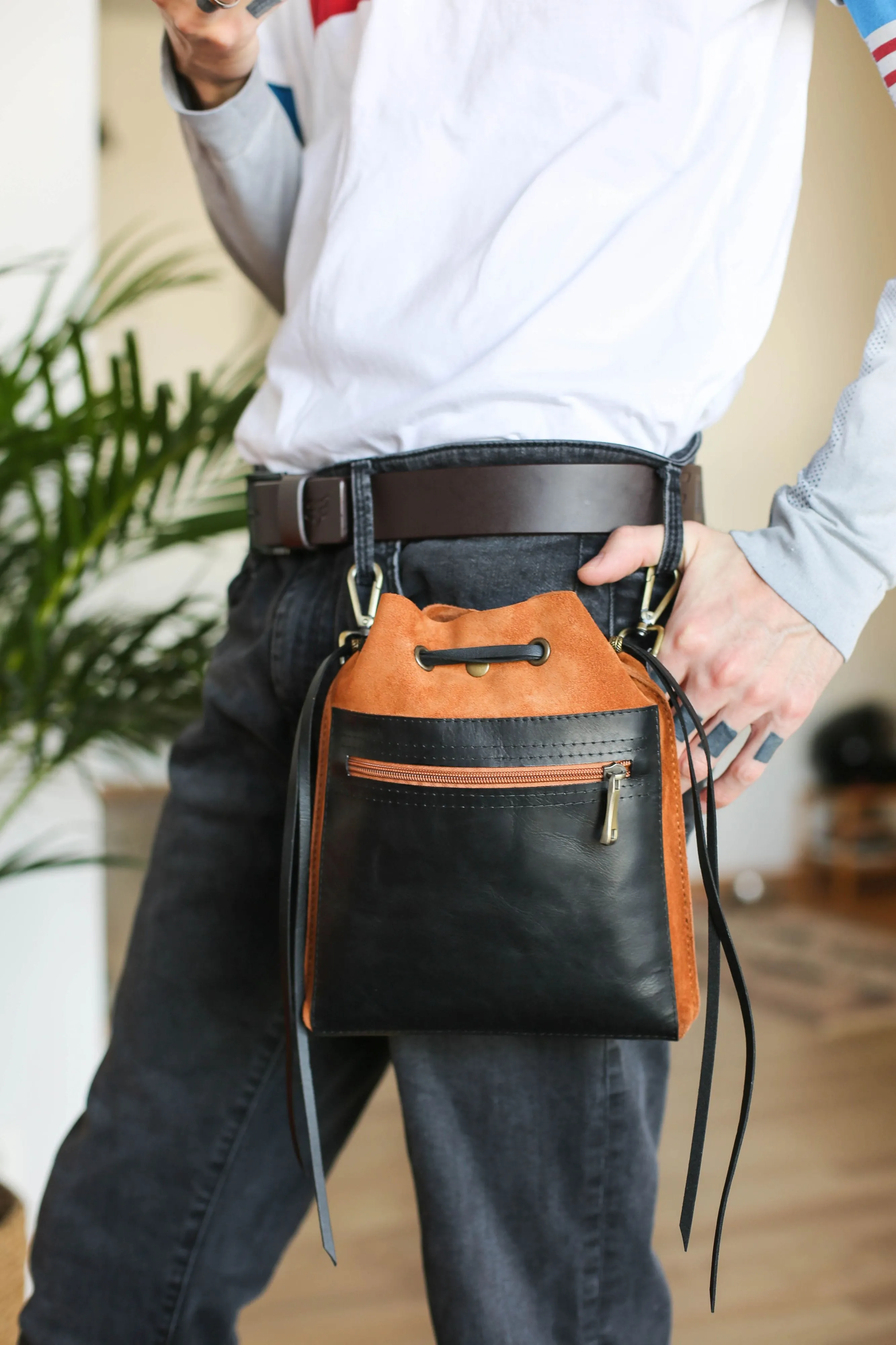 Men's Leather Bag - Men's Belt Bag- Dual Brown