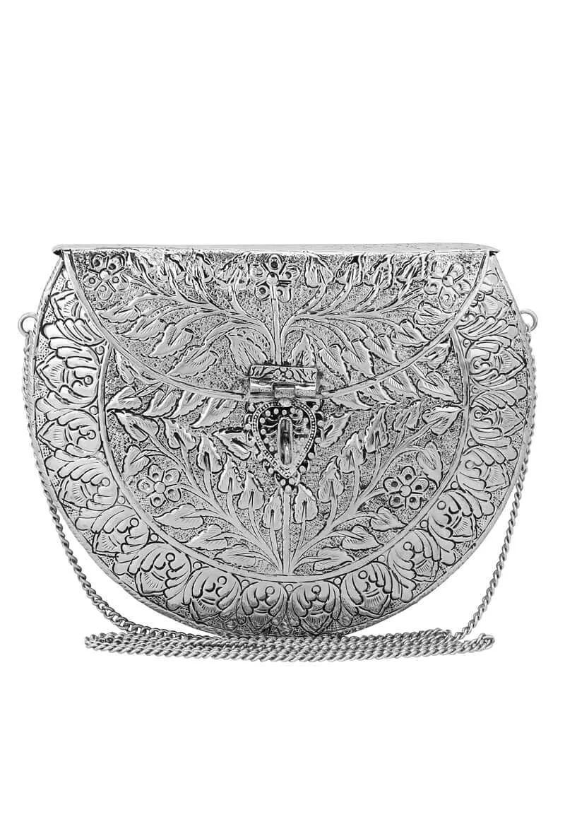 Nargis Brass Silver Plated Sling Bag (8"x6.5"x1.7")