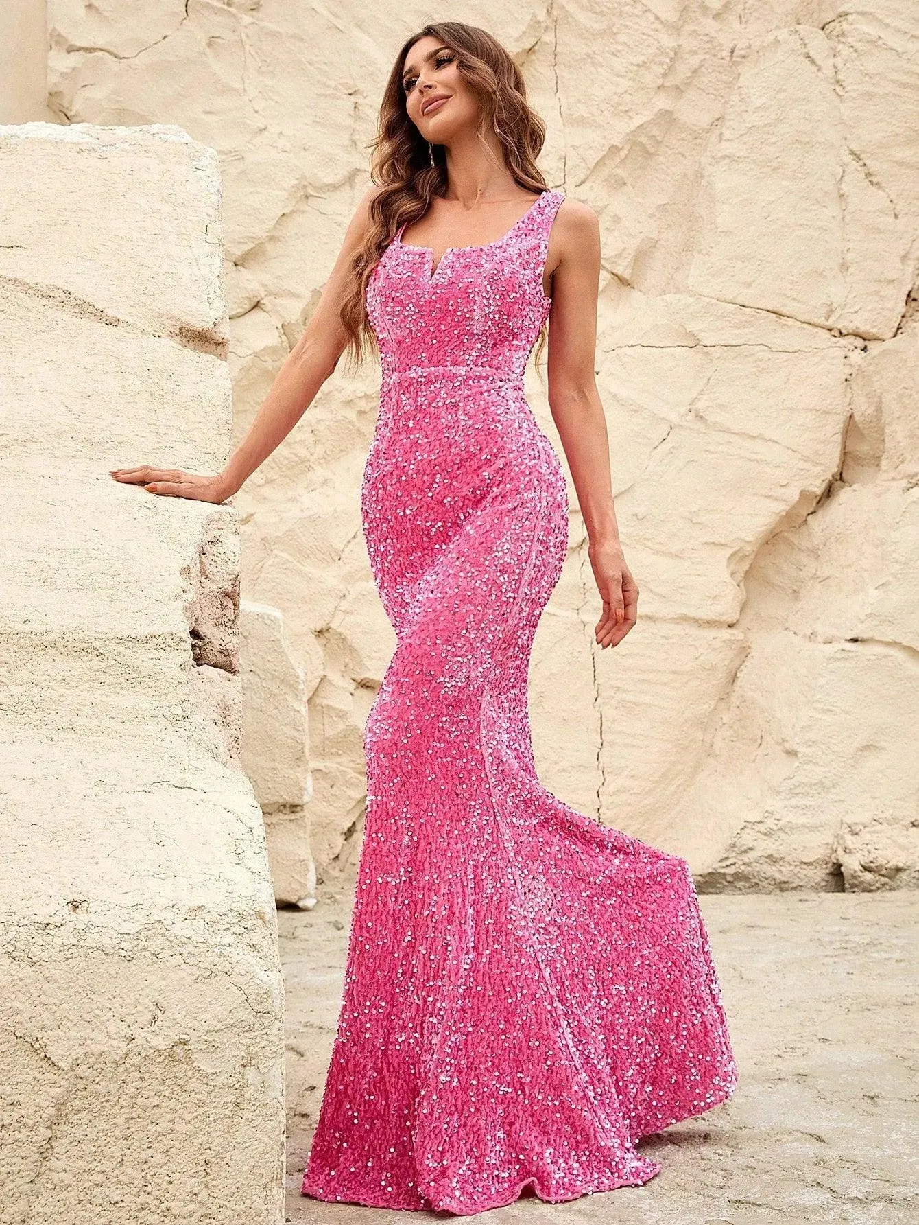 Notched Square Neck Mermaid Dress