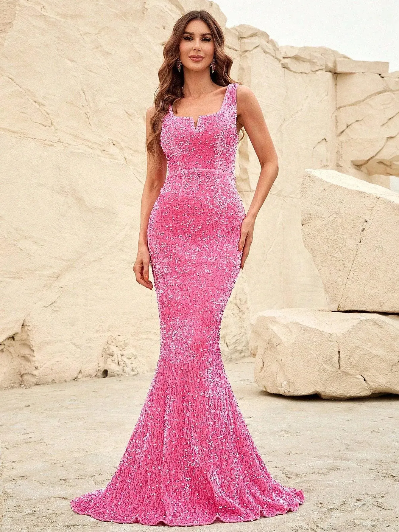 Notched Square Neck Mermaid Dress