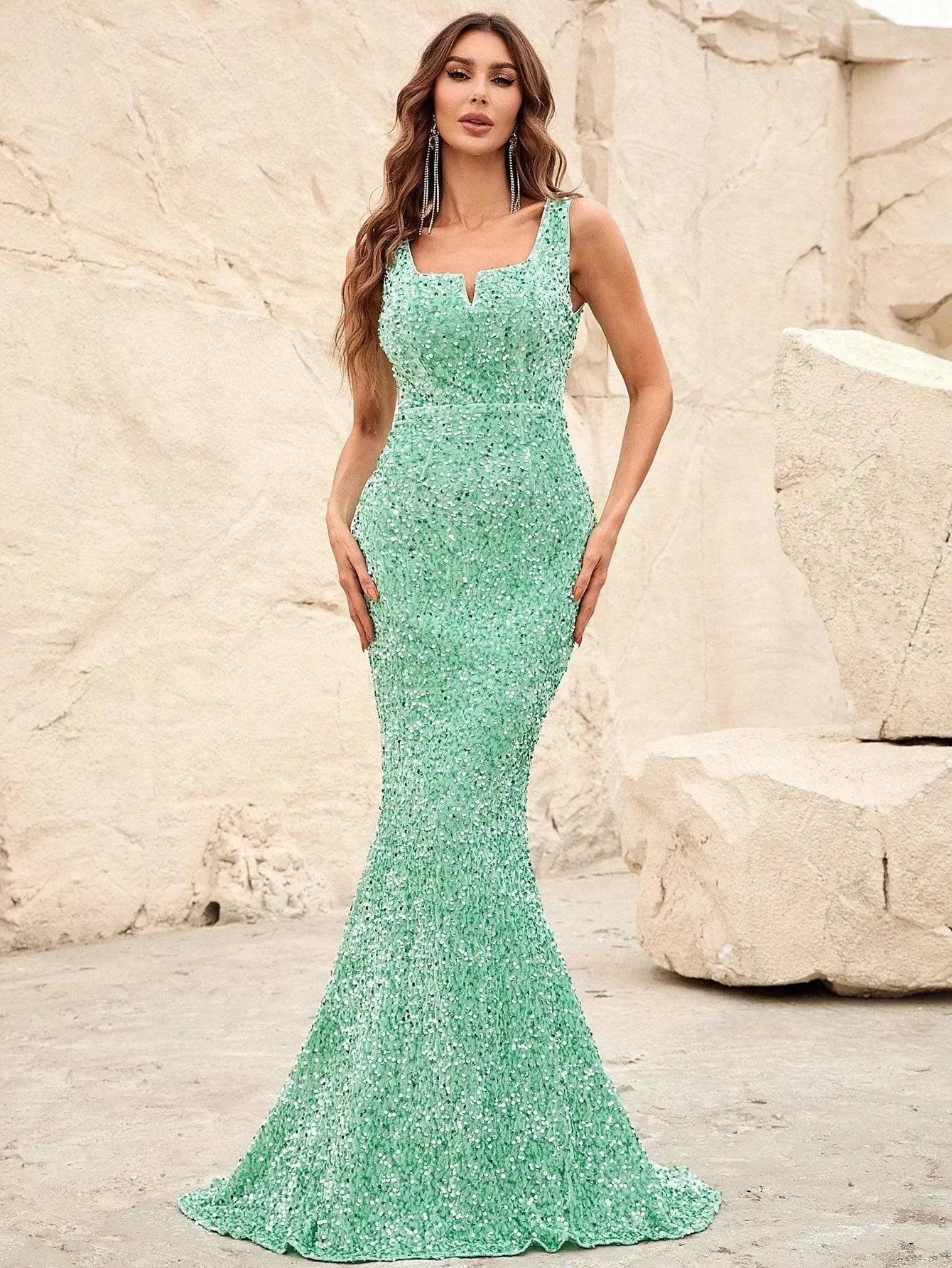 Notched Square Neck Mermaid Dress