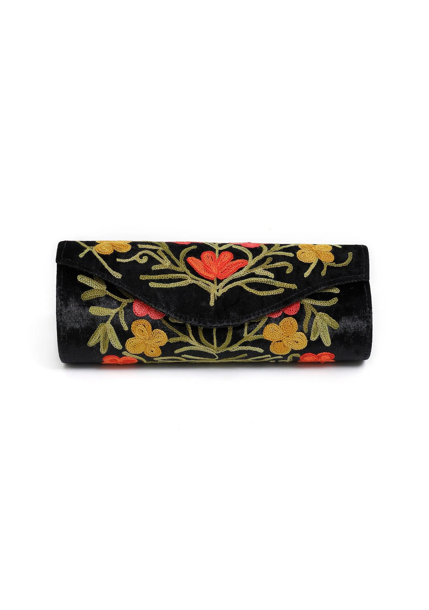 Onyx Black Tilla Embroidery Velvet Clutch