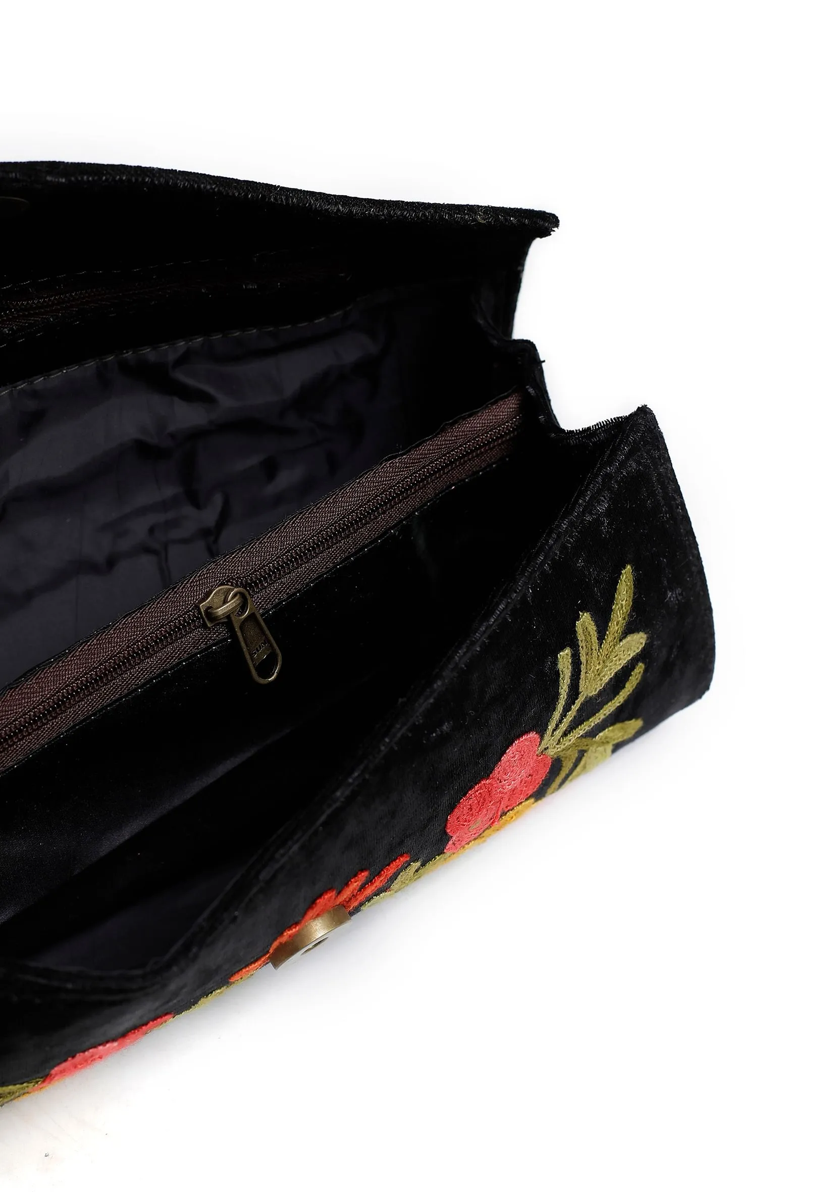 Onyx Black Tilla Embroidery Velvet Clutch