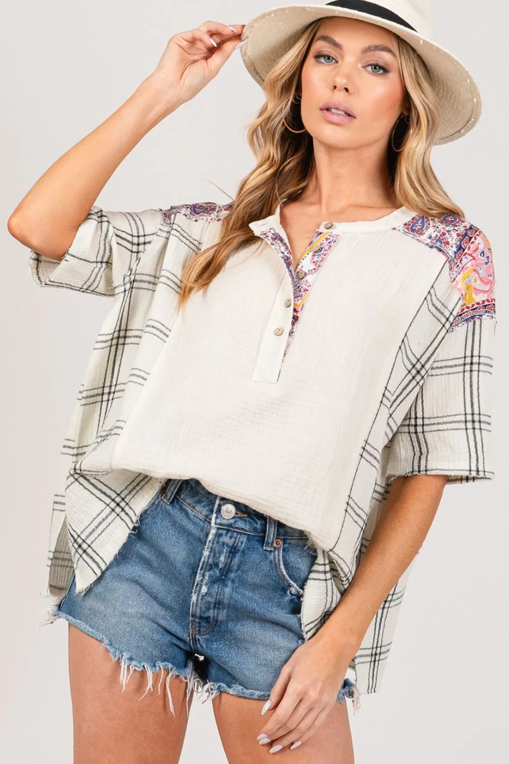 Plaid Half Button Gauze Top