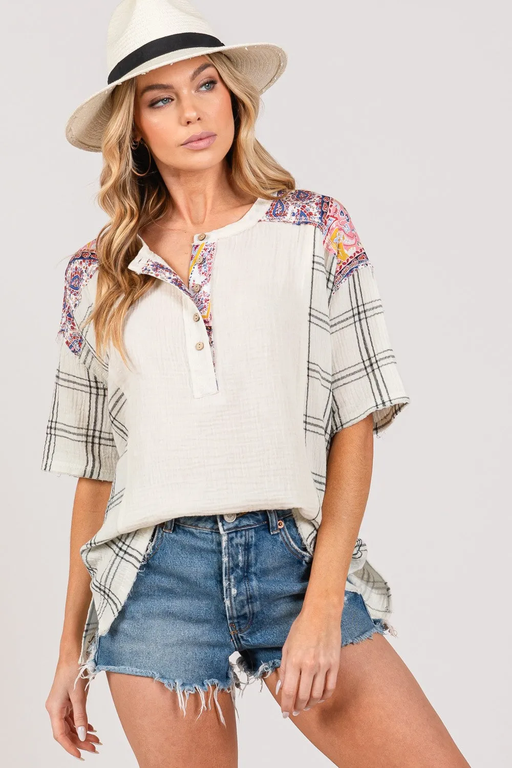 Plaid Half Button Gauze Top