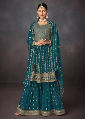 Prussian Blue Georgette Embellished Festive Sharara Suit