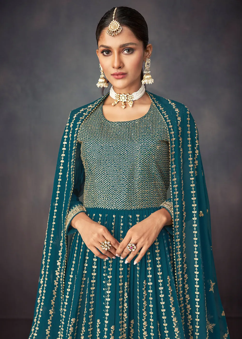 Prussian Blue Georgette Embellished Festive Sharara Suit