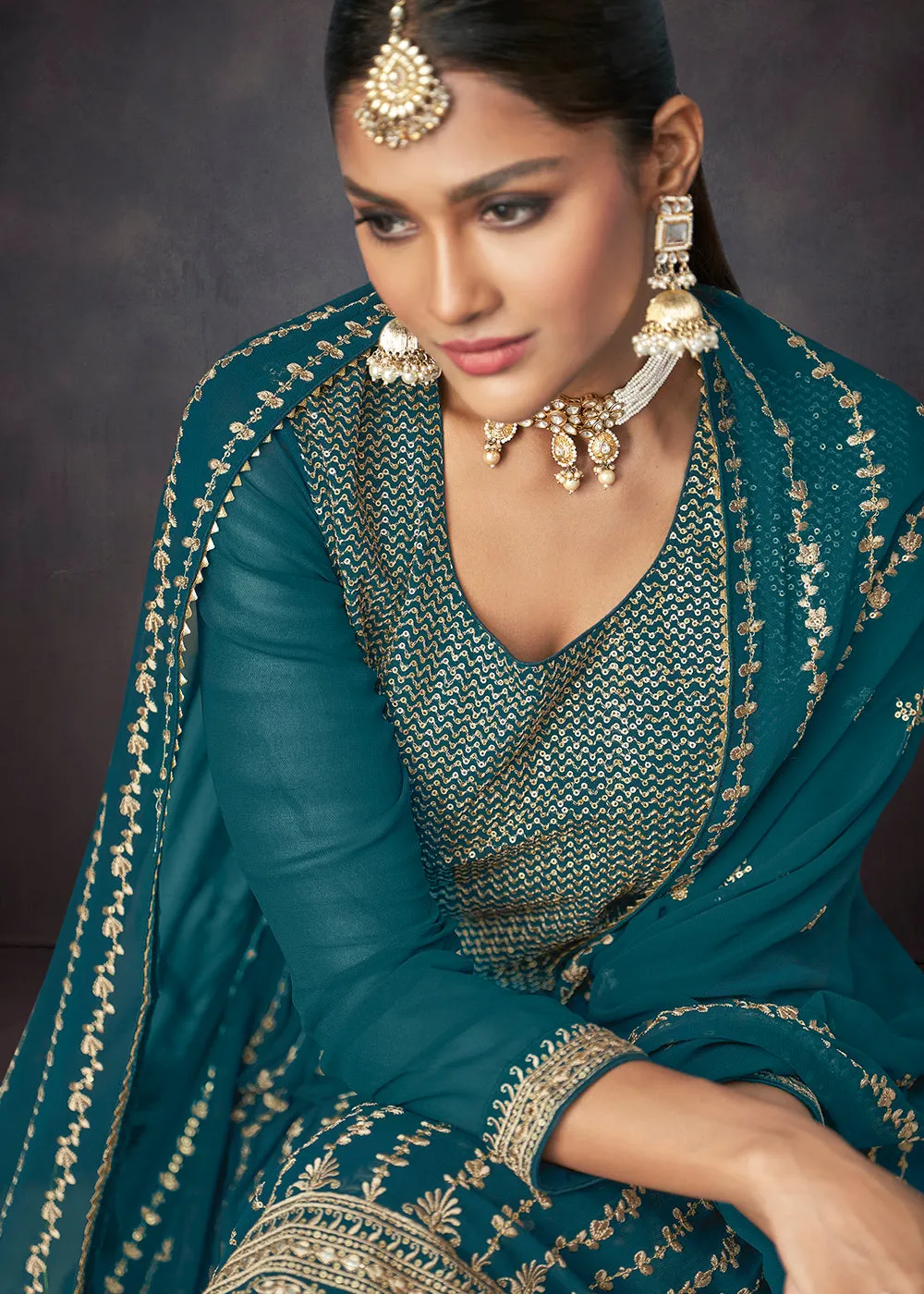 Prussian Blue Georgette Embellished Festive Sharara Suit