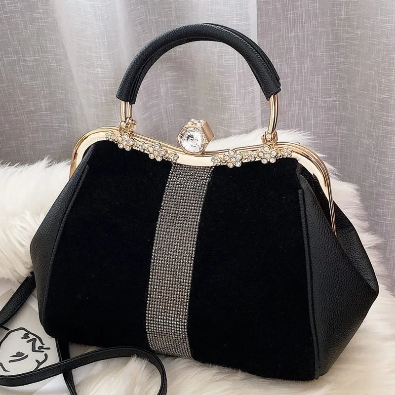 Rhinestone Inlaid Faux Fur Handbag