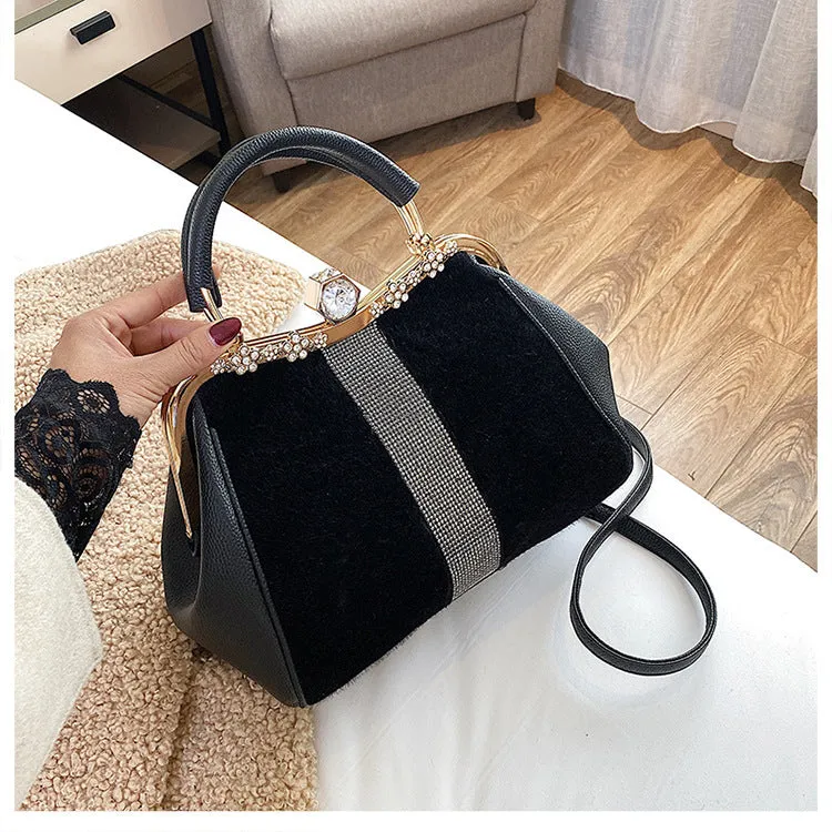 Rhinestone Inlaid Faux Fur Handbag