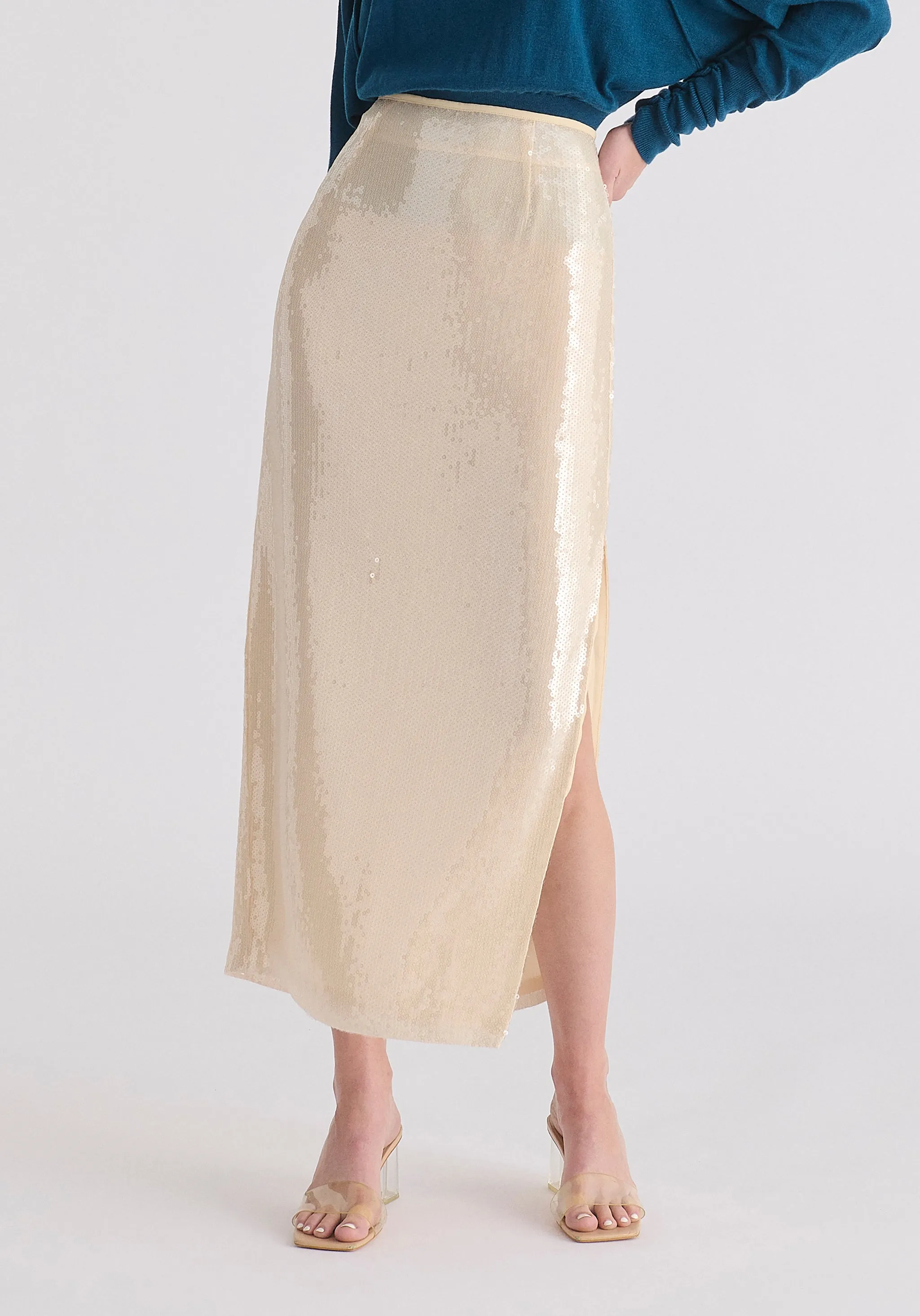 Sequin Midi Skirt with Side Slit