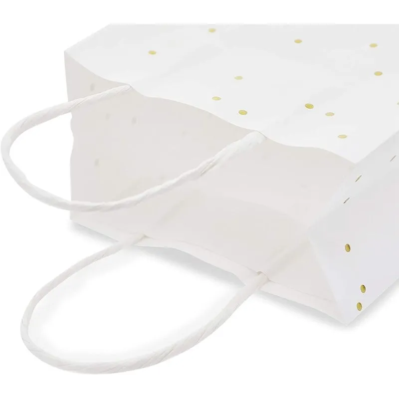 Small White Gift Bags with Handles, Gold Foil Polka Dots (8.6 x 3.5 in, 25 Pack)