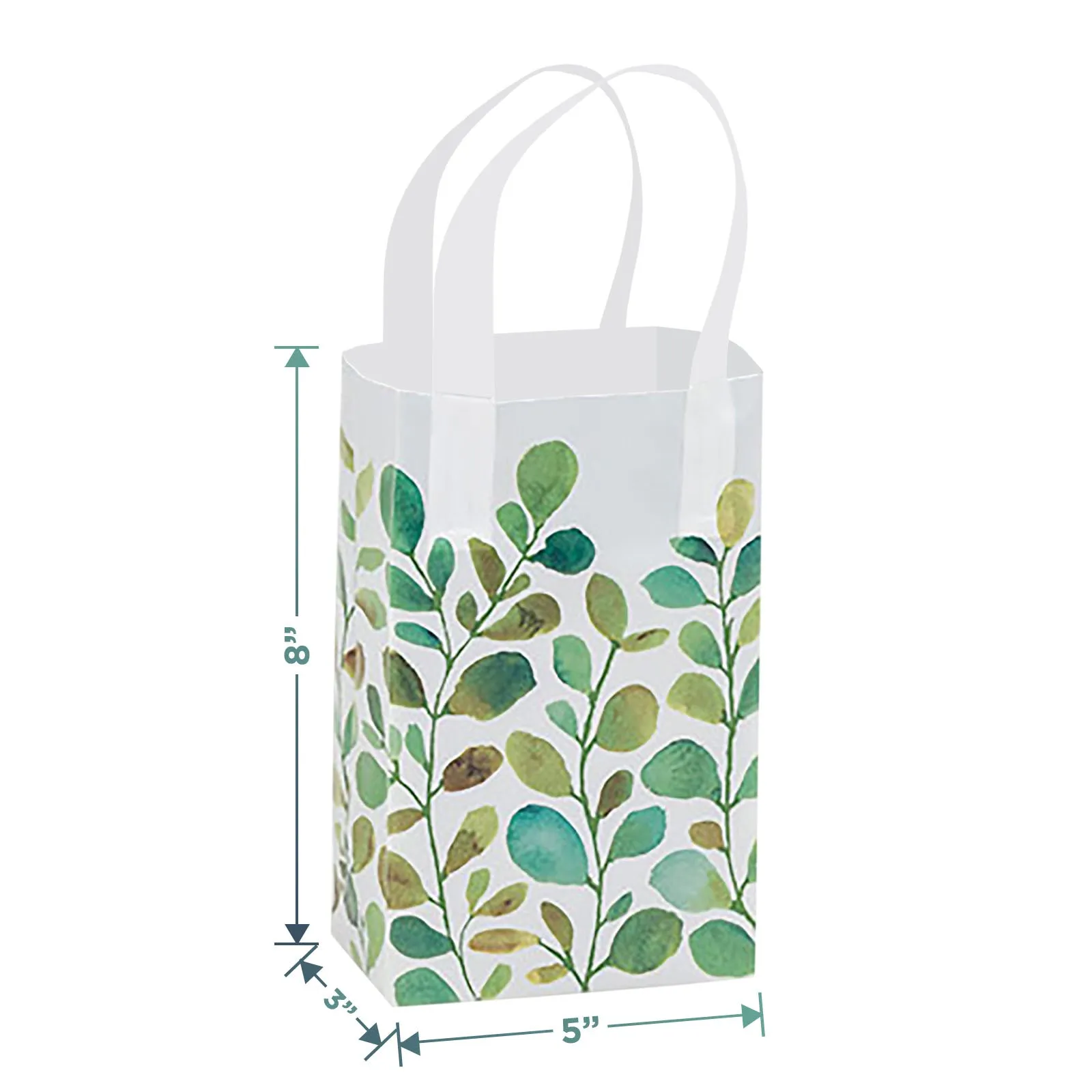 Spring Greenery Watercolor Green Leaf Plastic Gift Bags and Party Favor Bags, 5"x3"x8" (25 Pack)